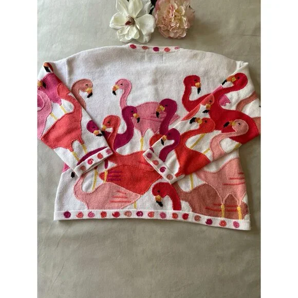 Vtg Design Option by Philip & Jane Gordon Flamingo Themed Knit Cardigan Sweater - Picture 2 of 11
